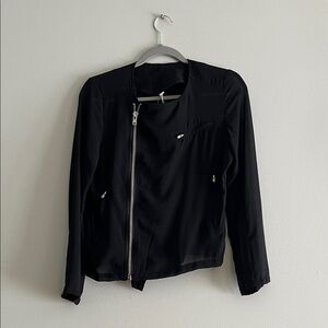 Chic Black Women's Black Sheer Long Sleeve Blouse with Zipper New Medium